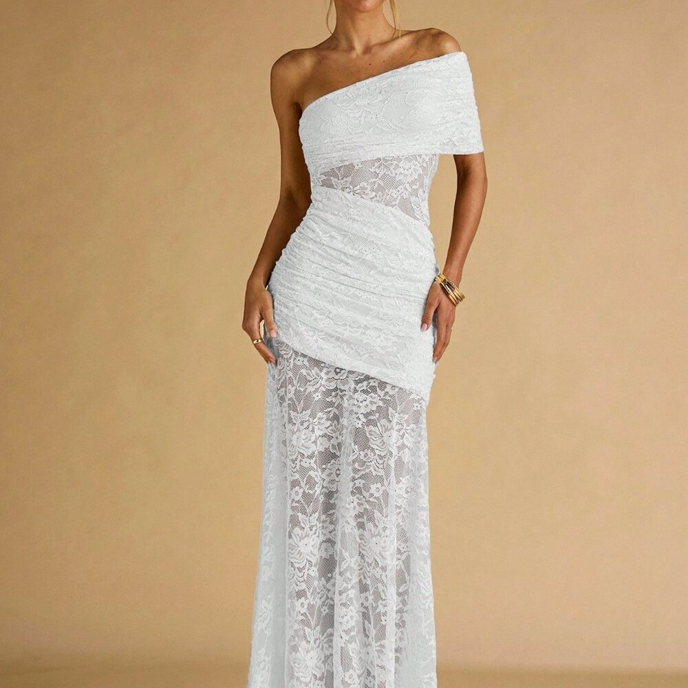 White Elegant Women's Floral Lace Ruffle Asymmetric Hem Dress